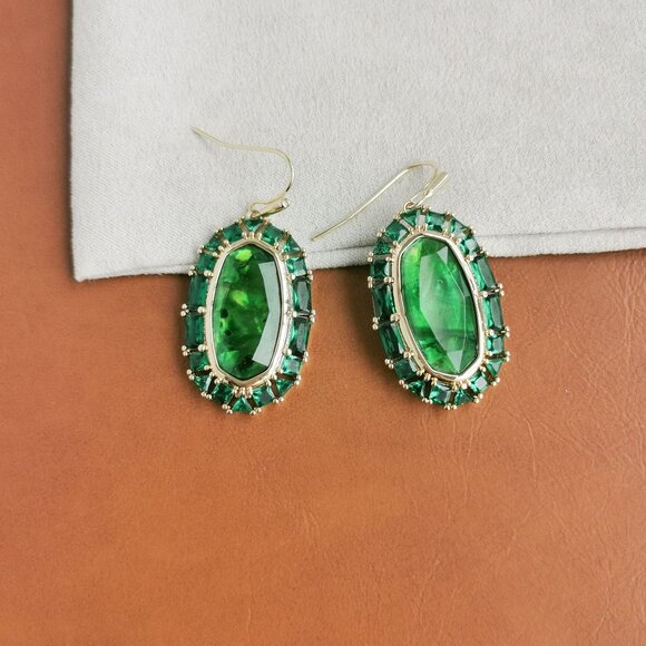 Kendra Scott Elle Gold Kelly Green Crystal Frame Earrings Trendy - Picture 3 of 3